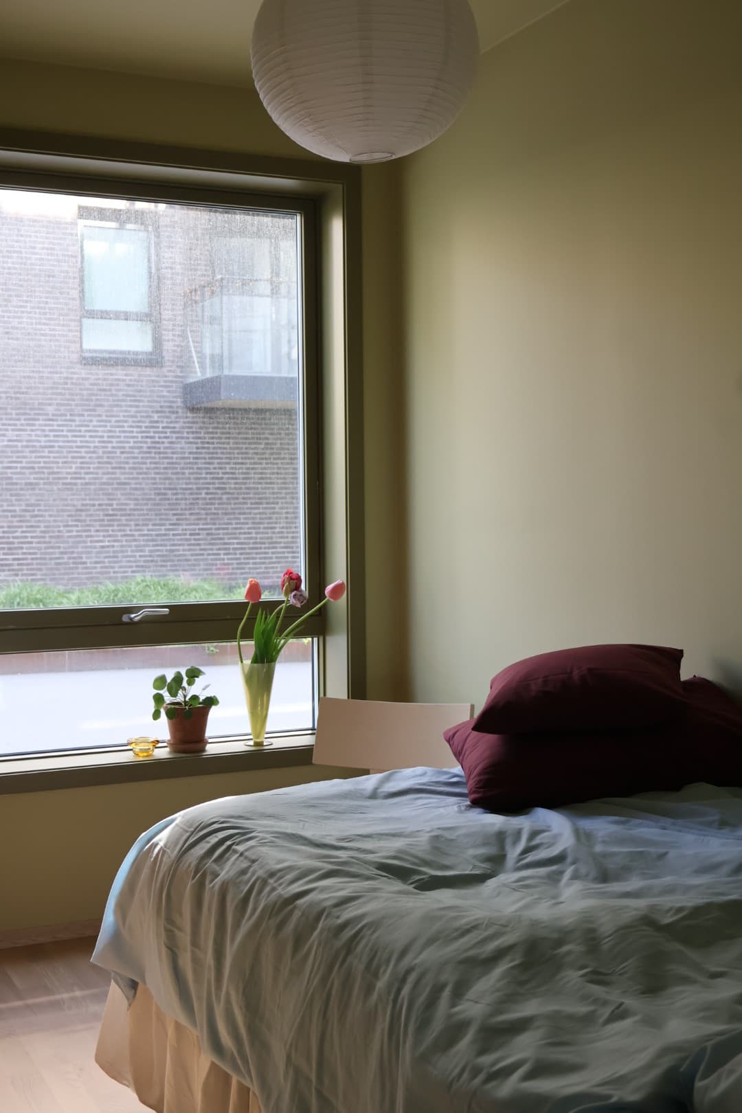 Grønt soverom med blått sengetøy, burgunder puter og tulipaner i vinduet